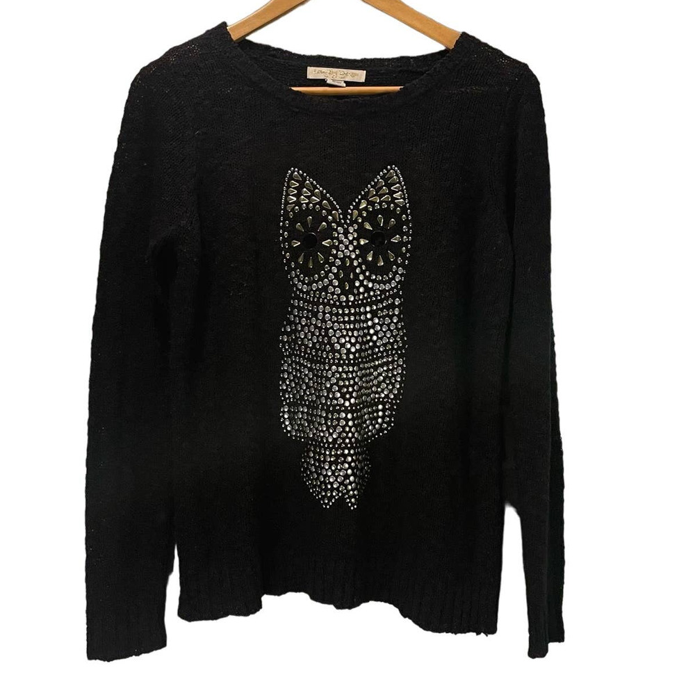 Love by Design Black Owl Sweater Gold Silver Metallic Size M
